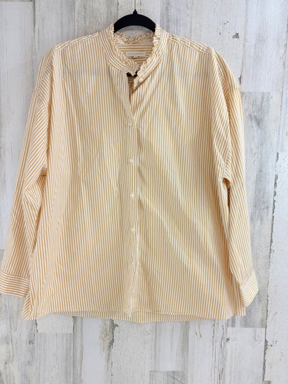 Ann Mashburn Weekender Frill Shirt Sz L Yellow Stripe Button Down
